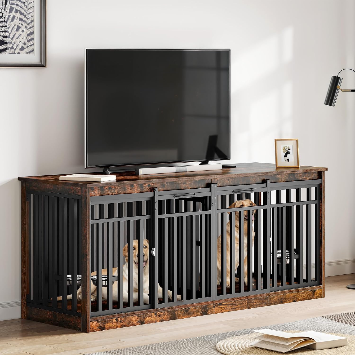 DWVO 71' Double Dog Crate Furniture for 2 Medium Dogs, Heavy Duty Wood Dual Dog Kennel TV Stand with Sliding Doors, Decorative Wooden 2 Dog Cage Table with Dog Bowls for Extra Large Dogs Rustic Brown