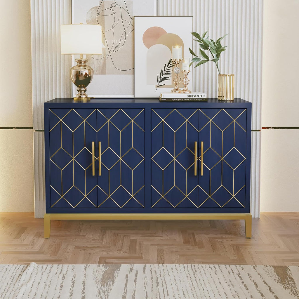 HLR 48' Accent Cabinet with 4 Doors and Shelves, Modern Credenza Storage Cabinet with Gold Trim, Sideboard Buffet for Living Room, Kitchen, Dining Room, Hallway, Blue