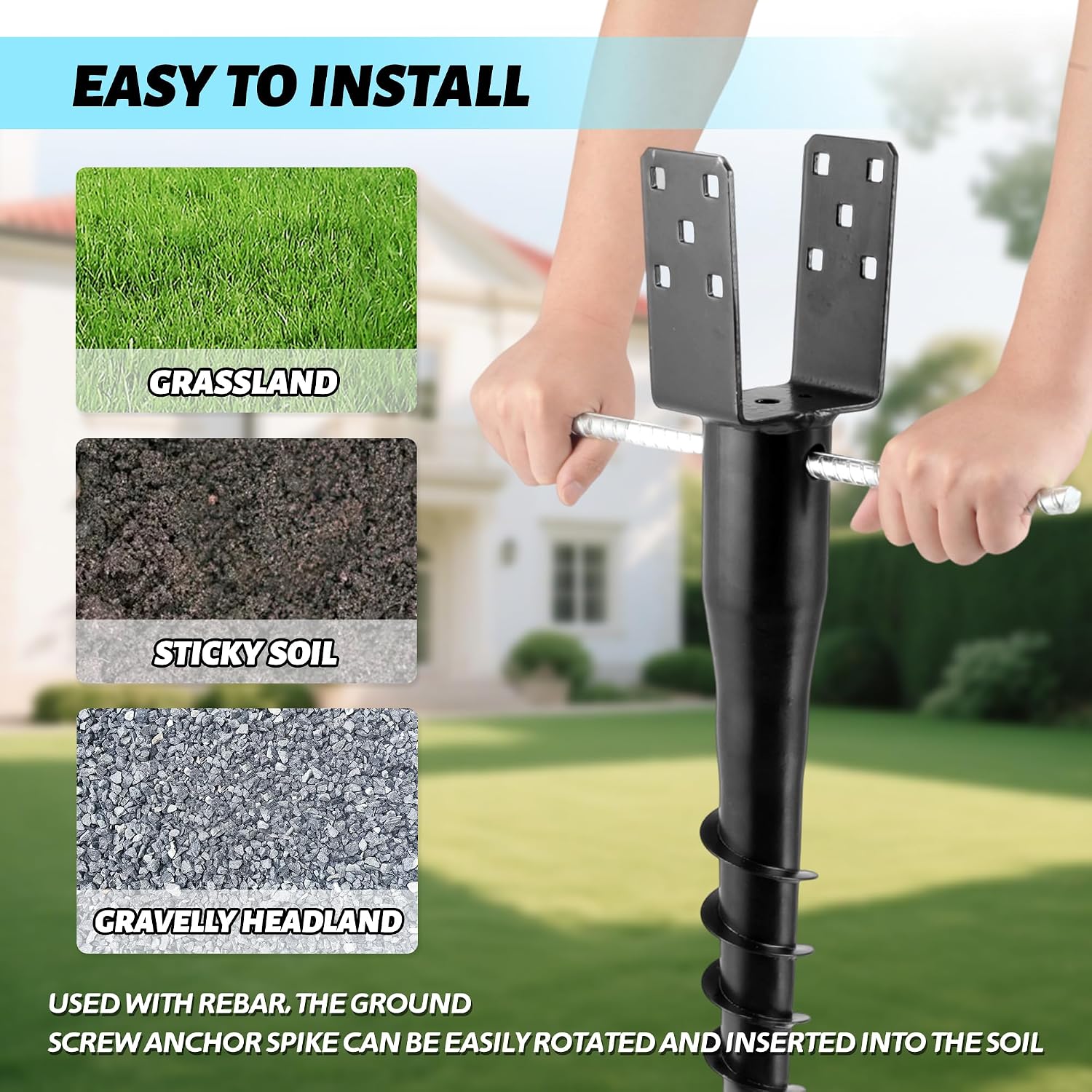 No Dig Ground Screw Anchor - Black U Shaped Post Stake for 4x4 Wood Posts, Includes Lag Bolts & 27' Rebar, for Mailbox Posts and Fence Posts Anchor, 4 Pack