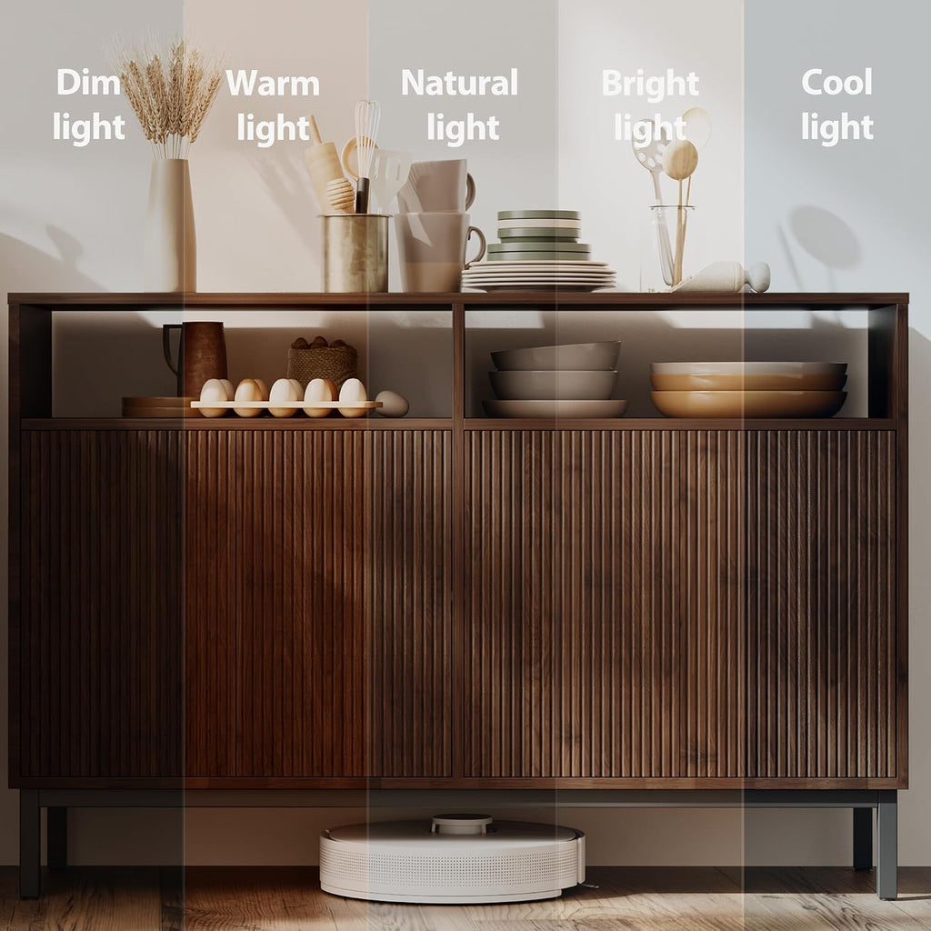 Mericonia Farmhouse Buffet Sideboard Cabinet with Storage, Fluted Coffee Bar with Doors and Adjustable Shelves, Modern Wood Console Cabinet for Kitchen, Livingroom (Fluted 4 Door, Walnut)