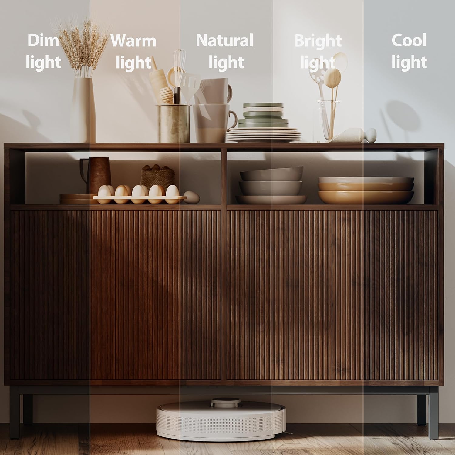 Mericonia Farmhouse Buffet Sideboard Cabinet with Storage, Fluted Coffee Bar with Doors and Adjustable Shelves, Modern Wood Console Cabinet for Kitchen, Livingroom (Fluted 4 Door, Walnut)