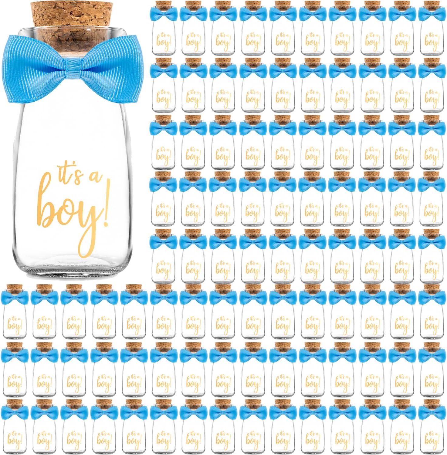 Ethisa 96 Pack It's a Boy Milk Glass Bottles with Ribbons and Stickers - Vintage Baby Shower Favors for Guests and Table Centerpieces Decorations - Sturdy Baby Shower Candy Jar