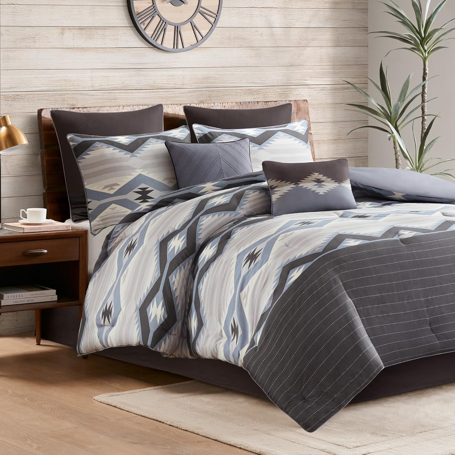 Woolrich Cal King Comforter Set, Southwestern Aztec 8 Piece Bedding Set, Oversized All Season Down Alternative Comforter with Shams, Euro Shams, Decorative Pillows & Bedskirt, Rustic Cabin, Blue