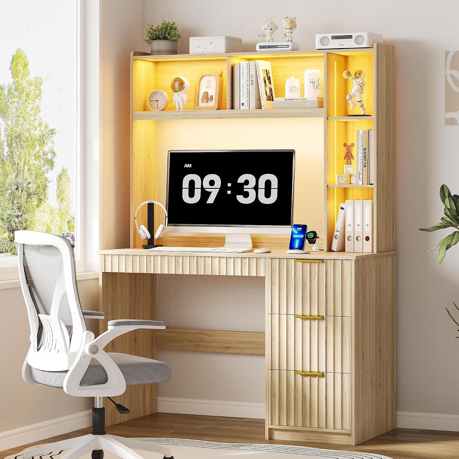 40' W Fluted Study Desk with Hutch and Storage Cabinet, Computer Desk with Power Outlet & LED Lights, Home Office Desk with Card-Based Lock for Study, Bedroom, Living Room, Natural Oak