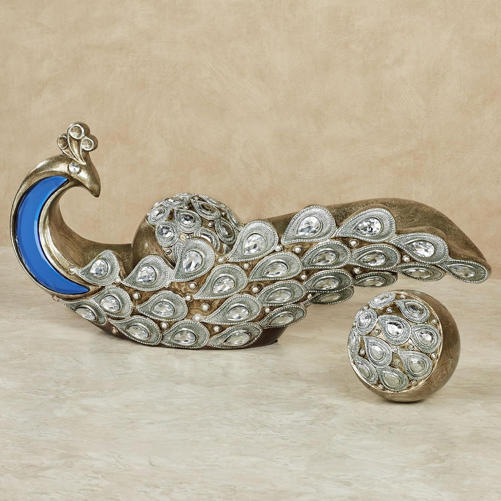 Feathered Splendor Blue Peacock Table Bowl with Orbs Set of Three | Centerpiece Elegant Style Decor for Aesthetic Room