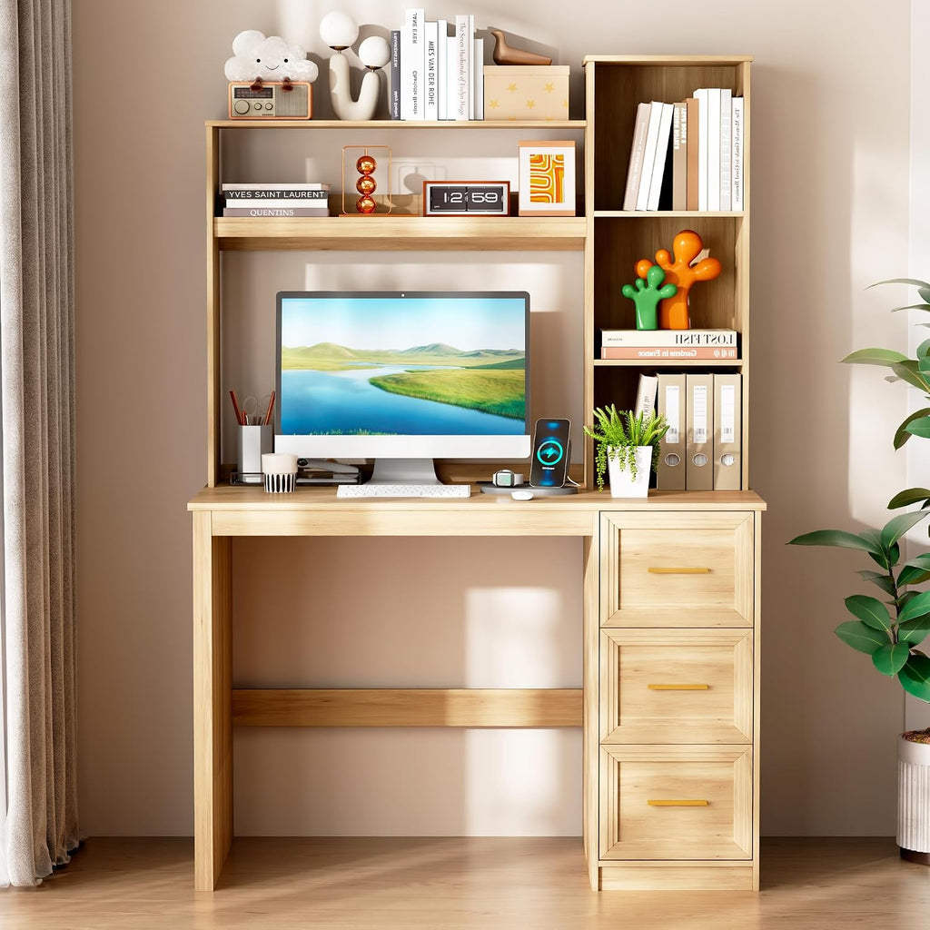 LVSOMT 40' Home Office Desk with Hutch and Drawers, Computer Desk with Power Outlets and LED Light, Study Writing Gaming Table with Storage Shelves, Workstation for Bedroom, Wood