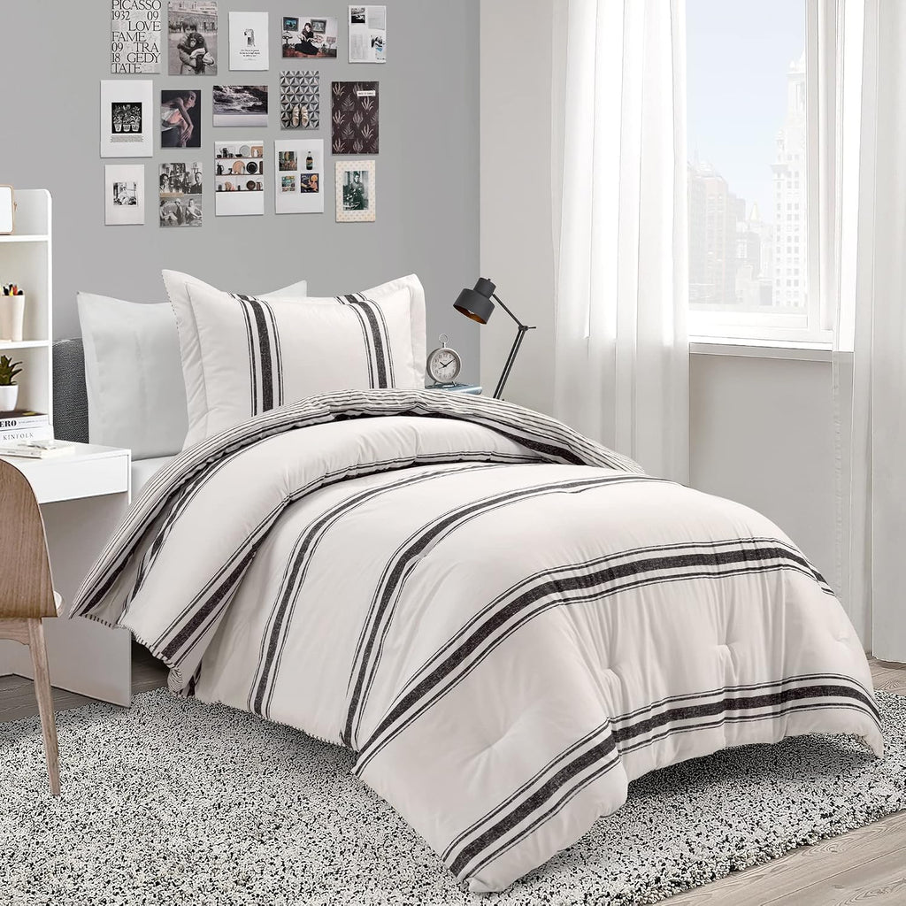 Lush Decor Farmhouse Stripe Reversible Cotton Comforter Set, 2-Piece, Twin XL Black - Twin Bedding Set - Dorm Decor - Striped Comforter for Farmhouse Bedroom Decor