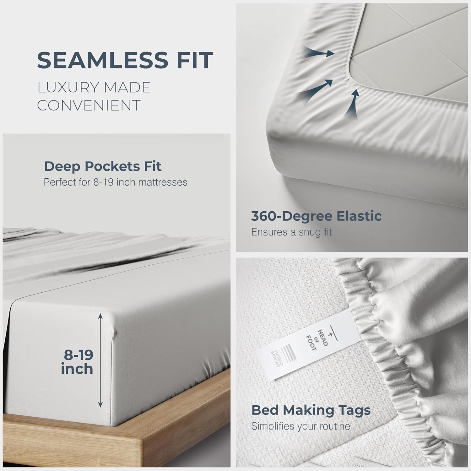 THREAD SPREAD 100% Egyptian Cotton Sheets Queen Size - Luxury 1500 Series Queen Sheet Set Egyptian Cotton (4 PC, Light Grey), Silky Soft, Sateen Weave, Cooling & Breathable, 17' Deep Pocket Bed Set