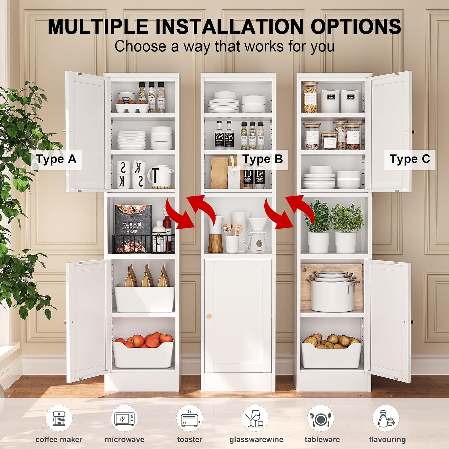 Tall Narrow Storage Cabinet,Metal Pantry Cabinet with Ajustable Shelves Open Countertop, Slim Sideboard for Small Spaces, Living Room, Kicthen, Dining Room, White
