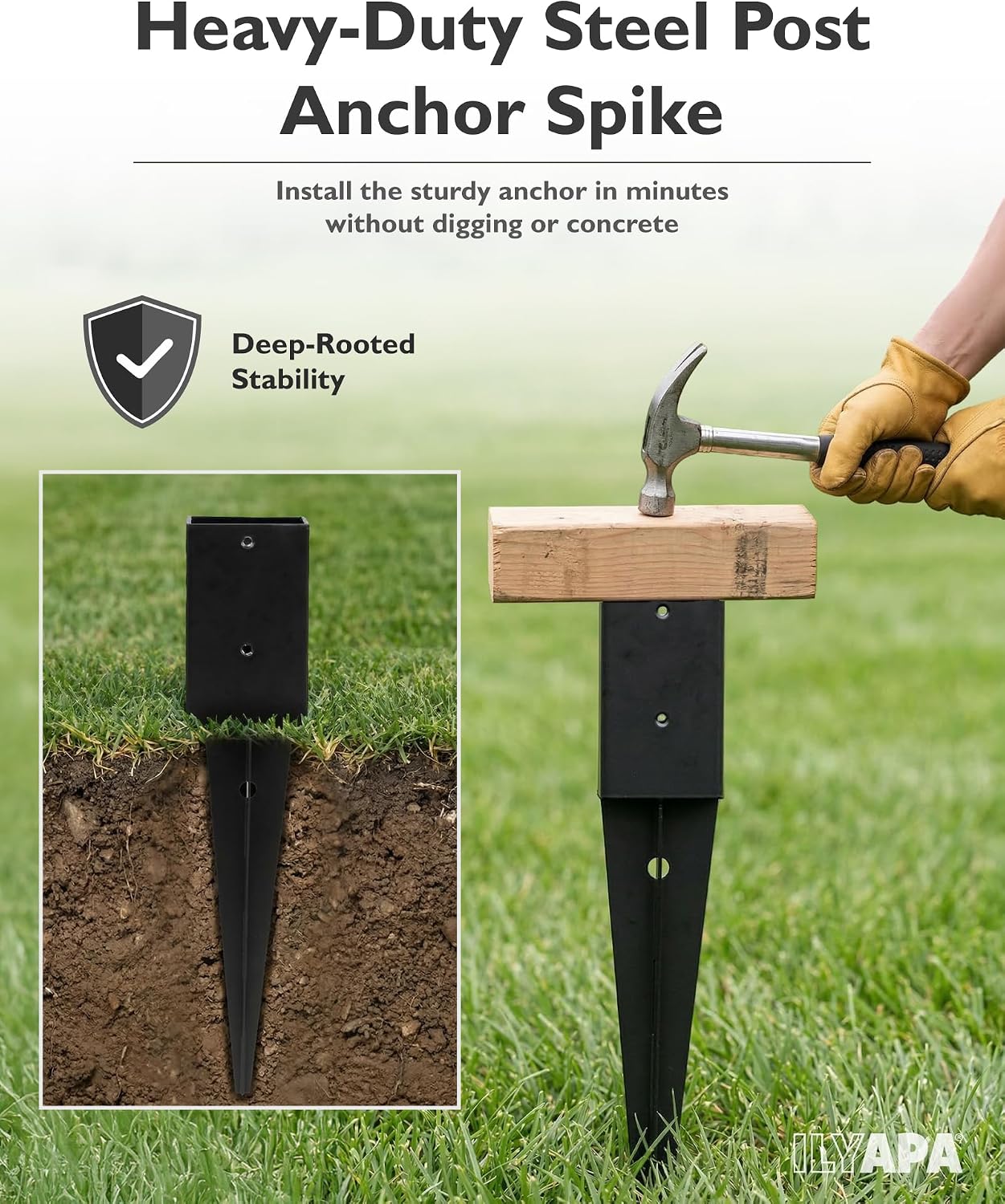 Ilyapa No Dig Mailbox Post for Outside, 43x4x4 inch Metal Post with 16 in. Ground Anchors & Two Universal Mailbox Mounting Bracket for Modern & Traditional Residential Mailboxes