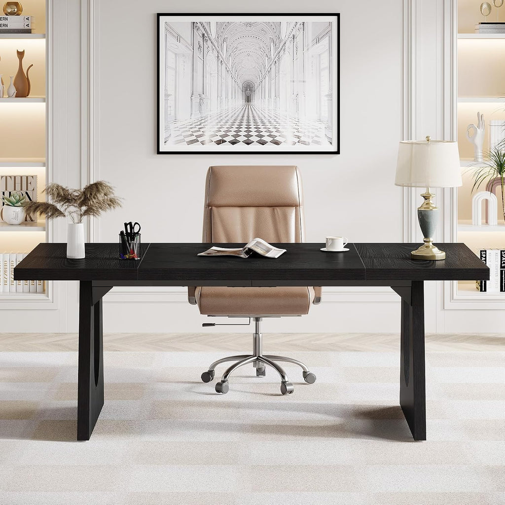 Tribesigns 70.86-Inch Executive Desk, Large Black Computer Office Desk with Wooden Legs, Modern Simple Style Rectangle Writing Table, Workstation or Business Table for Home Office (Black)