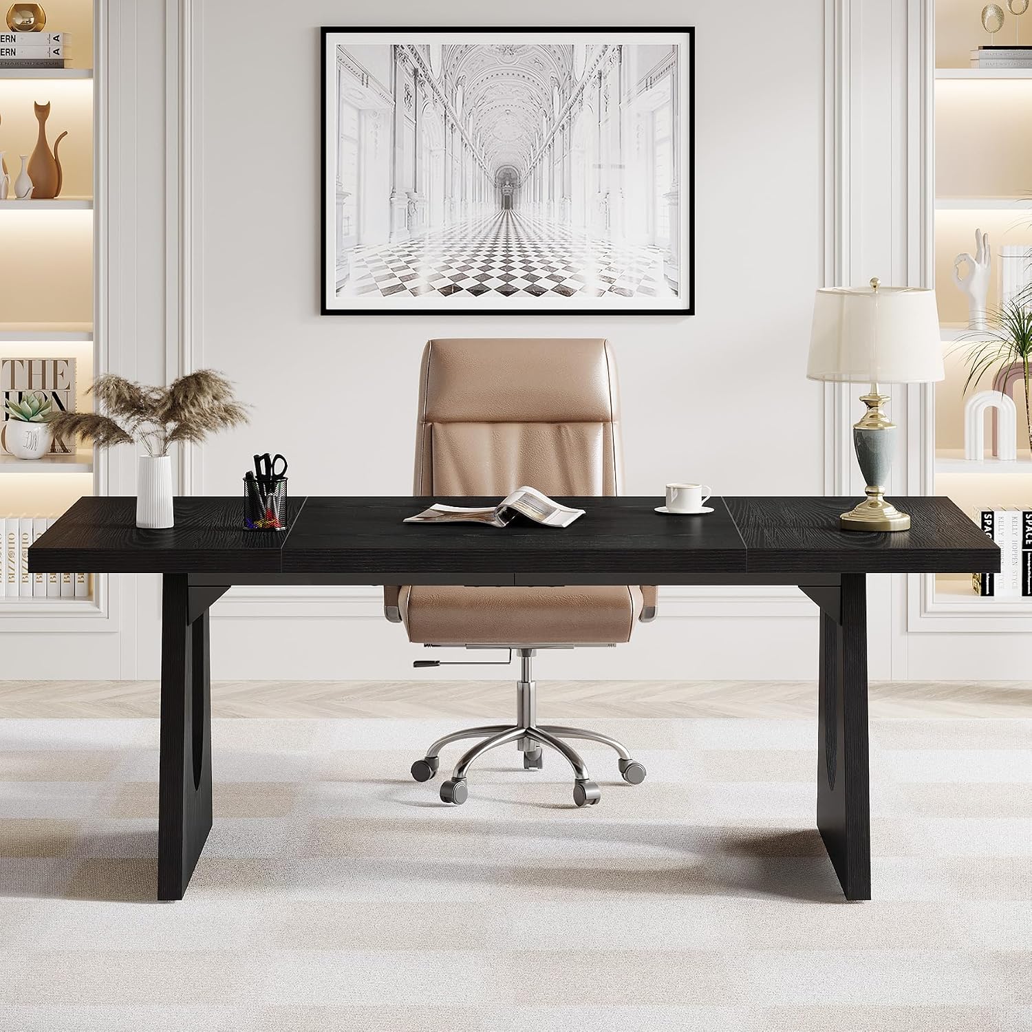 Tribesigns 70.86-Inch Executive Desk, Large Black Computer Office Desk with Wooden Legs, Modern Simple Style Rectangle Writing Table, Workstation or Business Table for Home Office (Black)