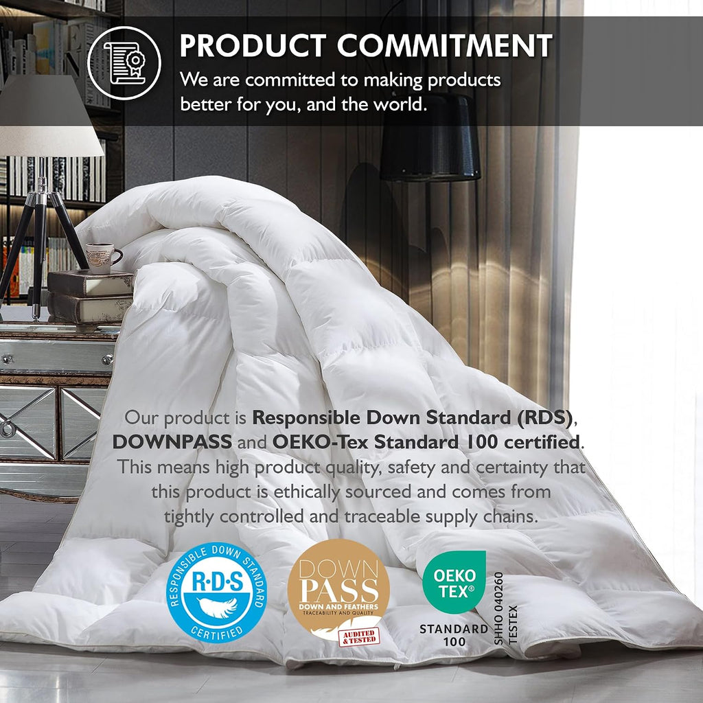 Luxurious Palatial King/Super King 120' x 98' Size Goose Down Fiber Waterfowl Feather Fiber Comforter Duvet, 100% Egyptian Cotton Cover, 80 oz. Fill Weight, Baffle Box Design, White Solid