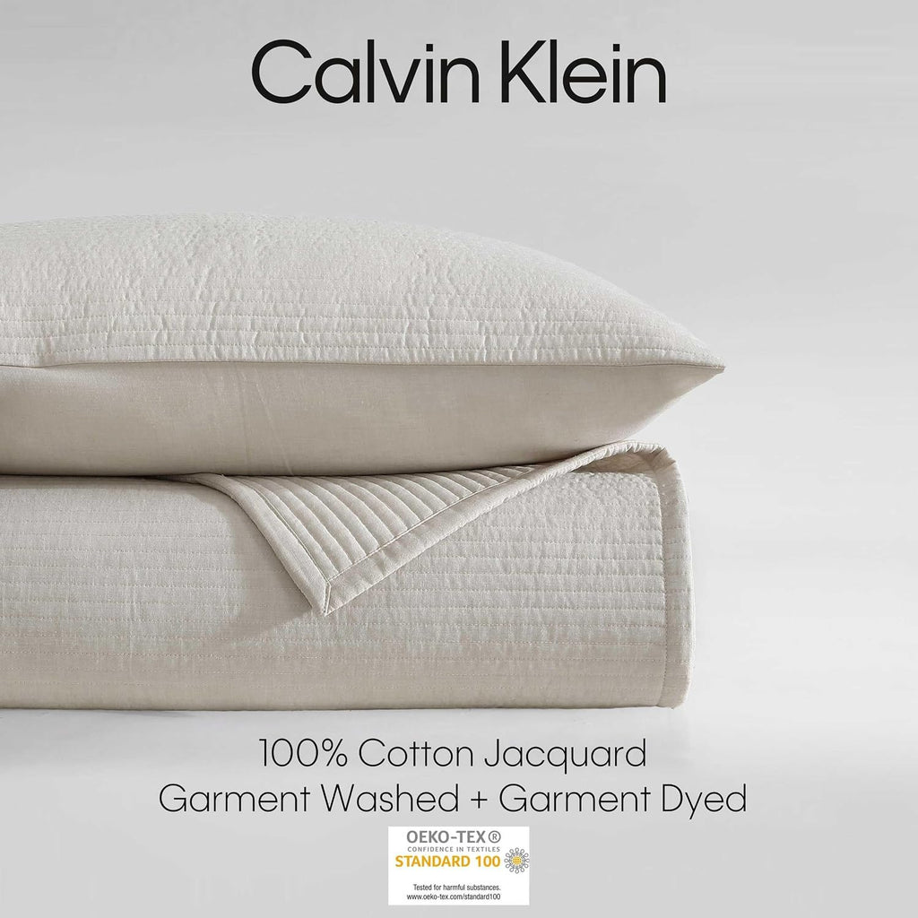 Calvin Klein - Queen Quilt Set, Luxuriously Soft Channel Stitch Bedding with Matching Shams (Mini Channel Stitch Solid Beige, Queen)
