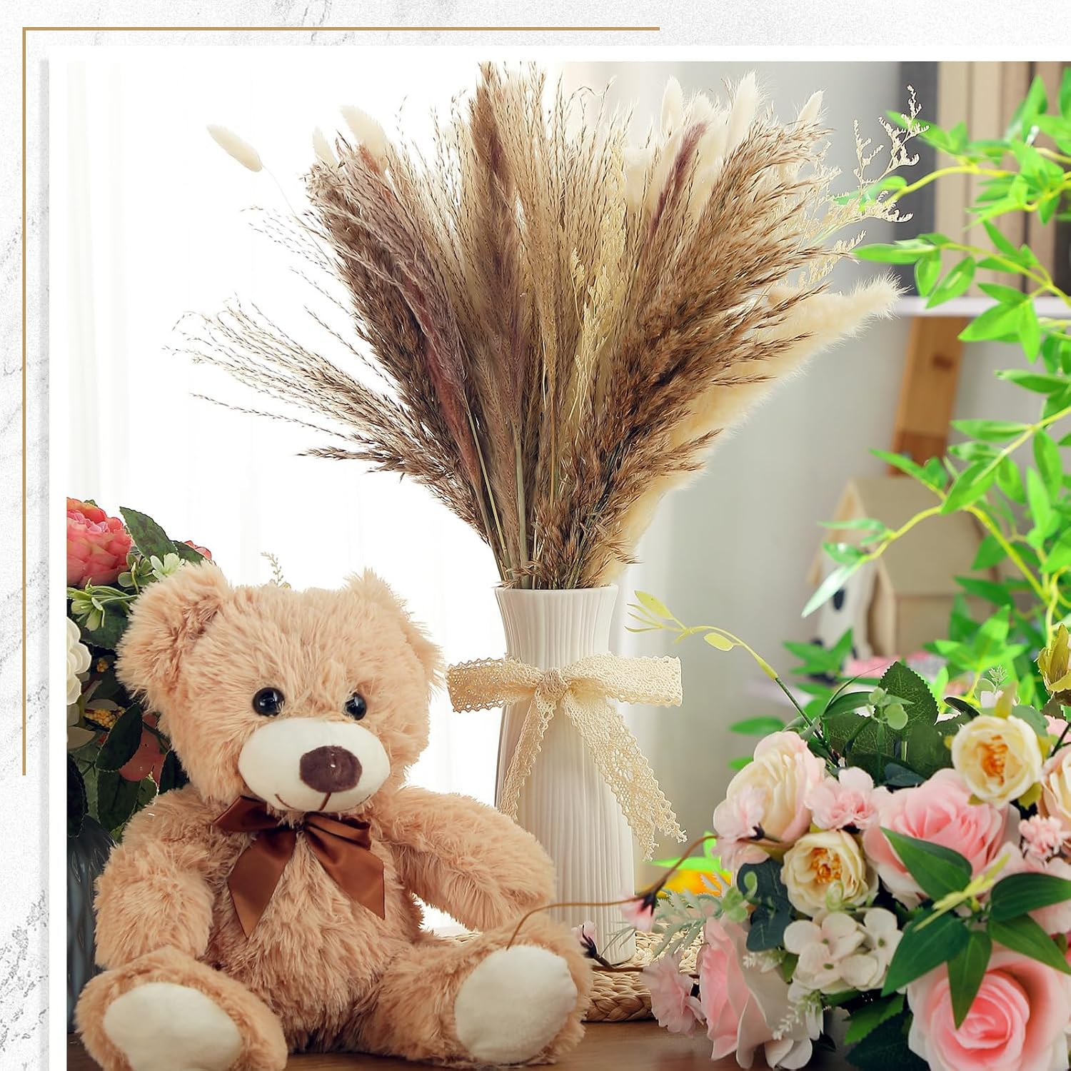 Canlierr 12 Sets 196 Pcs Baby Shower Table Centerpieces Decoration Baby Shower Table Decor with Bear Stuffed Vase Dried Pampas for Boho Wedding Gender Reveal Party Decoration(Ceramics,Boho)