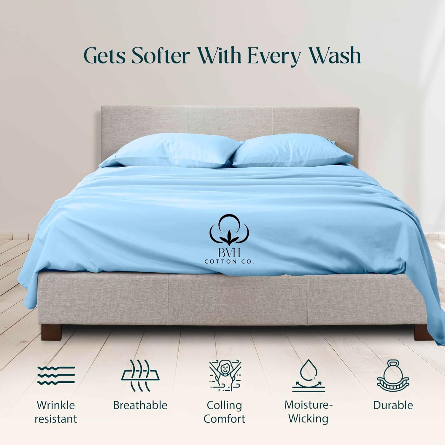 Egyptian Cotton Queen Size Sheet Set, 4Pc Bed Set, Soft & Breathable Percale Weave, Fits 10-12' Deep Pocket, Hotel-Quality 1000 Series Bed Sheets (Solid, Light Blue)