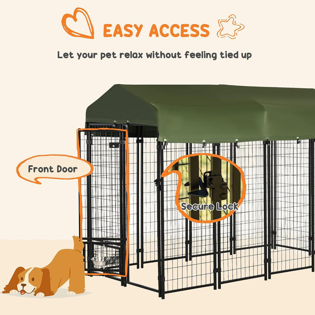 PawHut 8' x 4' x 6' Dog Kennel Outside, Welded Wire Outdoor Dog Kennel Run with 360° Rotating Bowls, Waterproof & UV Resistant Cover, for S&M&L Breeds, Chickens, Ducks, Green