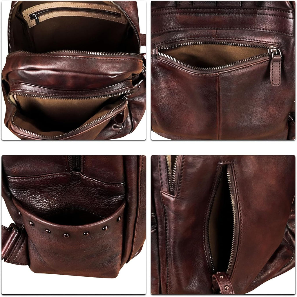 Genuine Leather Backpack Purse for Women Vintage Casual Daypack College Bag Handmade Cowhide Western Rivets Rucksack (Coffee)