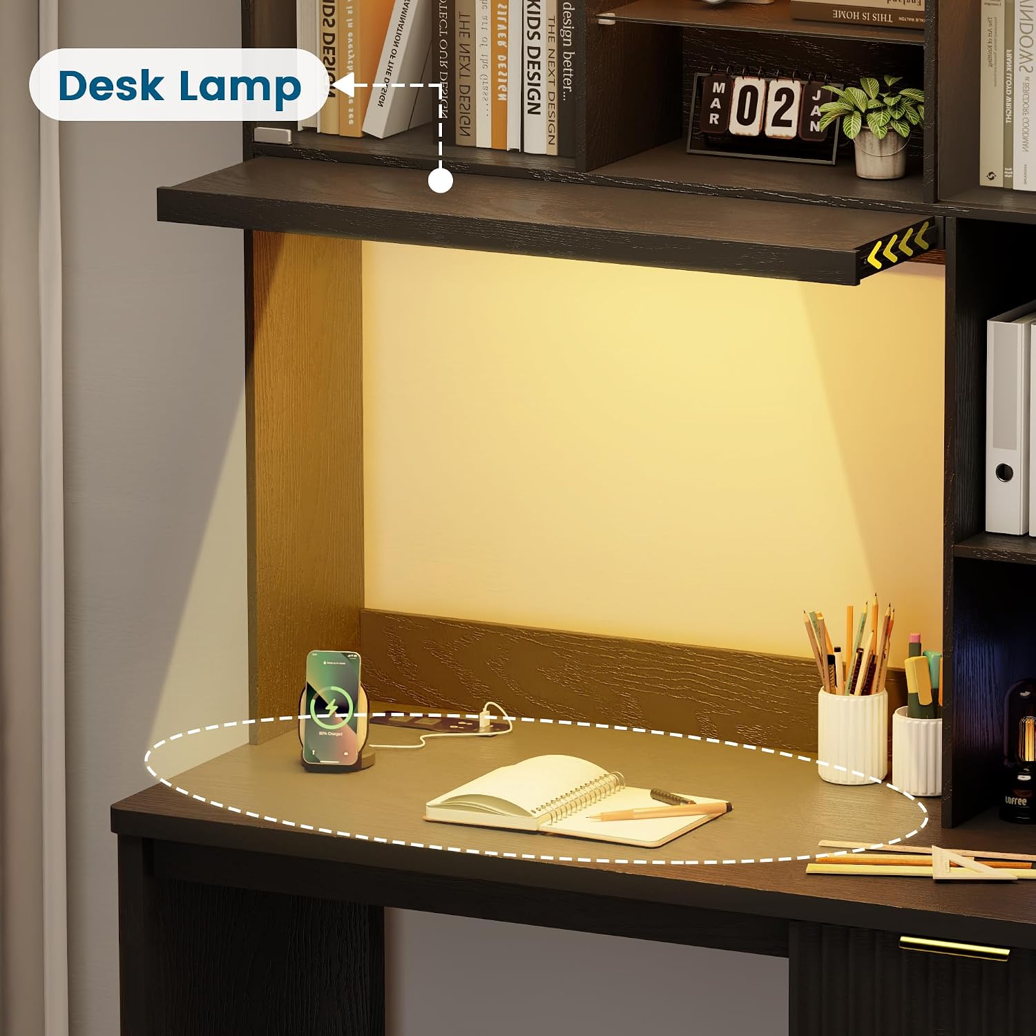 WOOVIVS Standing Desk with LED Light for Office Room, Smart Computer Desk with Hutch and Drawer for Game Room,Modern Study Table with 2AC Port Charging Station/Lamp/for Bedroom (Black)