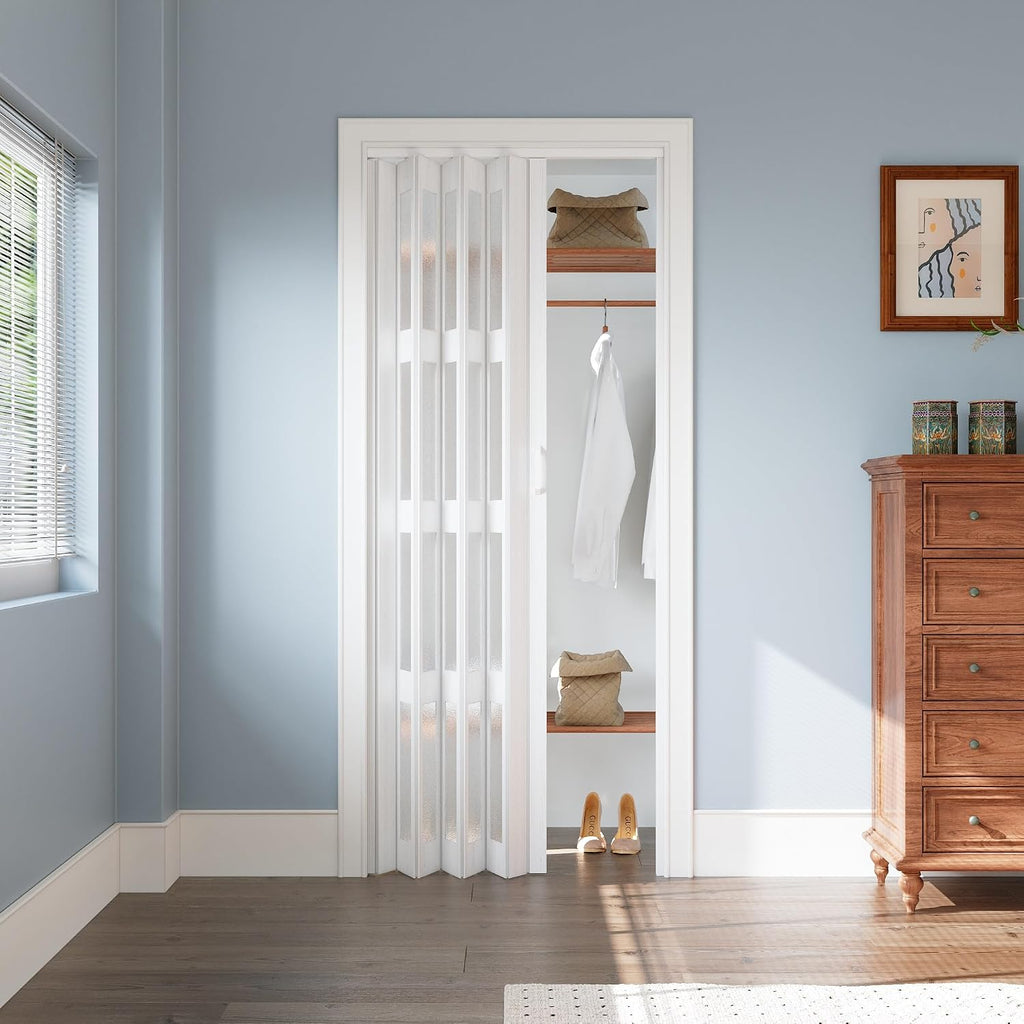 36' x 80' Accordion Door Interior, Arylic Glass Powerful Magnetic Folding Door and Hardware Kit Included, Multifold Bifold Closet Doors for Closet Bathroom Doorway 24-36' x 80'