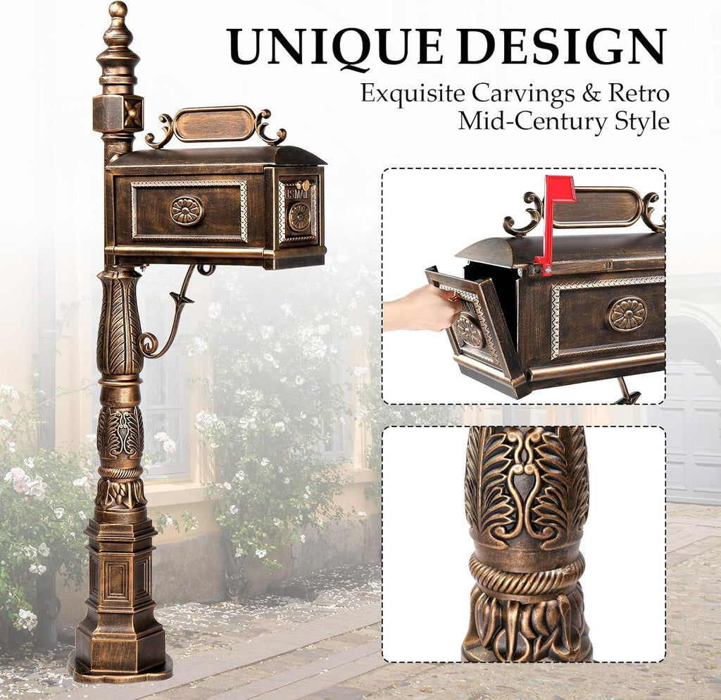 Outvita Cast Aluminum Mailbox, Barcelona Decorative Post Mailbox, Rust-Proof Large Security Heavy Duty Mailbox (Bronze)