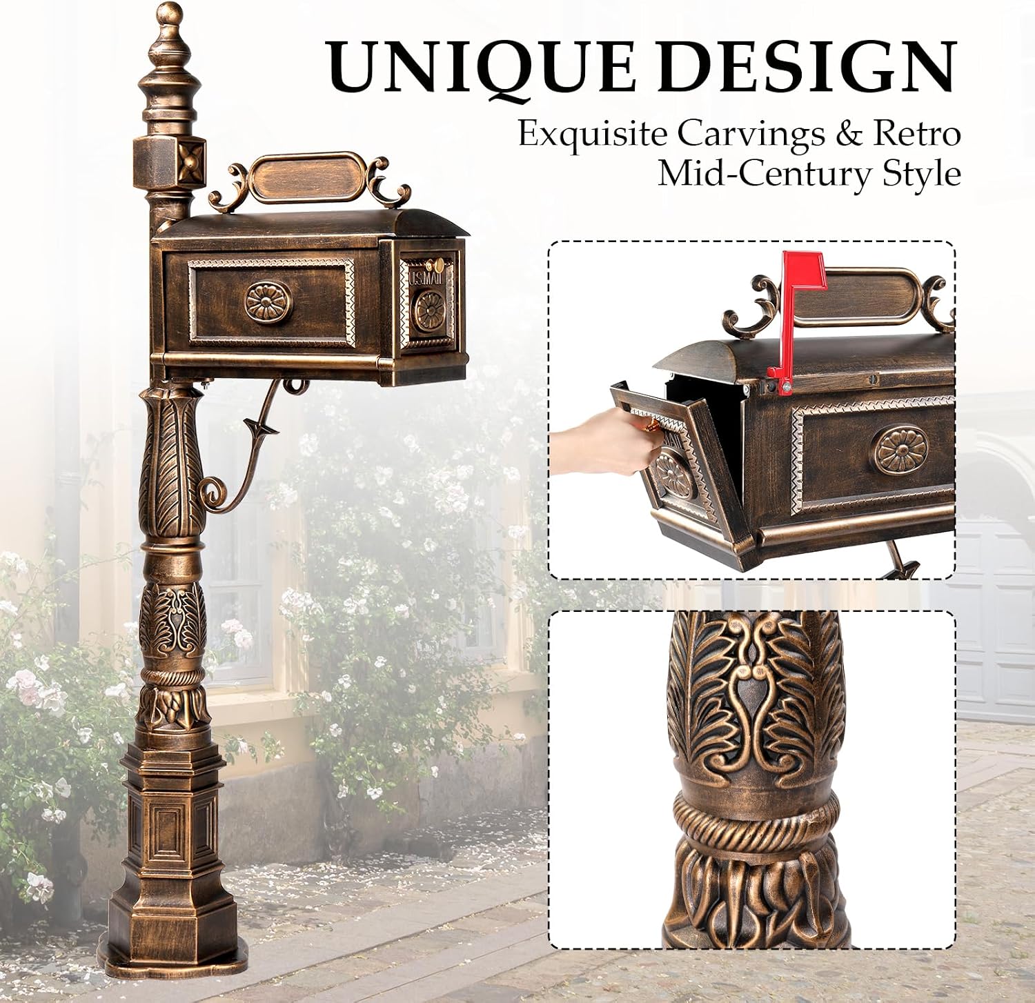 Outvita Cast Aluminum Mailbox, Barcelona Decorative Post Mailbox, Rust-Proof Large Security Heavy Duty Mailbox (Bronze)