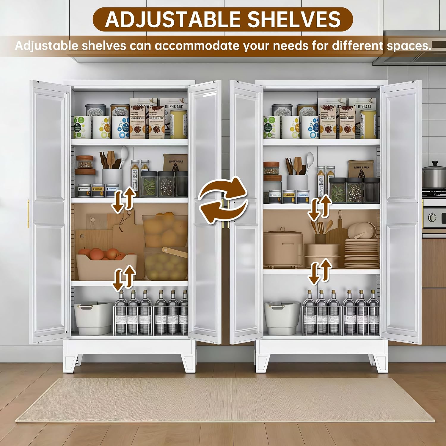 Metal Kitchen Pantry Cabinet with Adjustable Shelf, Pantry Cabinet with Doors, Freestanding Floor Cabinet for Kitchen, Home, Required Assembly, White