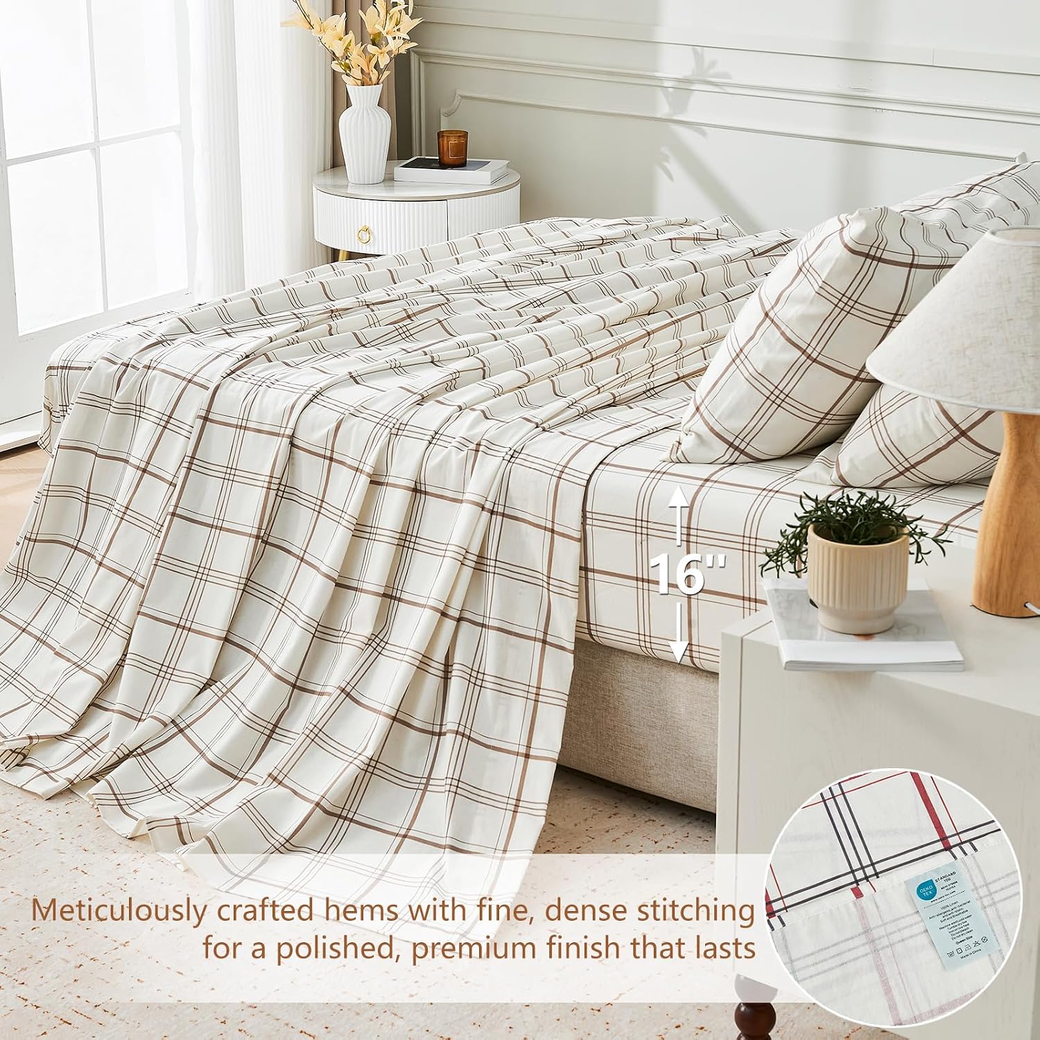 MEISHANG 100% French Pure Linen Sheets Queen Size - Bed Sheets 4 Piece Sets, Soft Durable Flax Linen, Anti-Tear Breathable Moisture Wicking with 16' Deep Pocket (Linen Plaid)