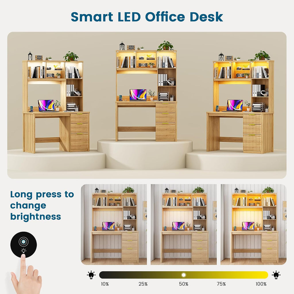 WOOVIVS Standing Desk with LED Light for Office Room, Smart Computer Desk with Hutch and Drawer for Game Room,Modern Study Table with 2AC Port Charging Station/Lamp/for Bedroom (Wood)