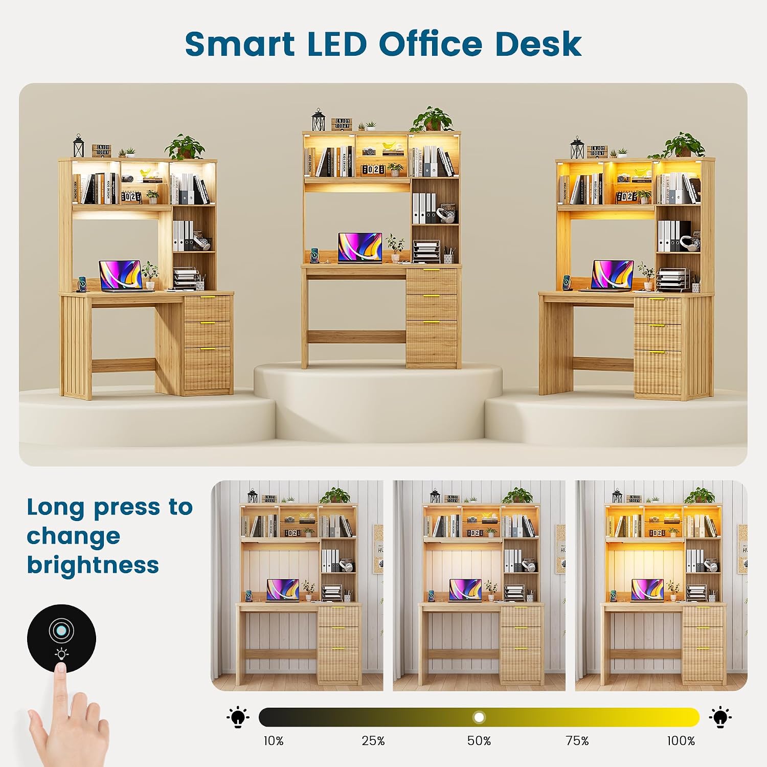 WOOVIVS Standing Desk with LED Light for Office Room, Smart Computer Desk with Hutch and Drawer for Game Room,Modern Study Table with 2AC Port Charging Station/Lamp/for Bedroom (Wood)