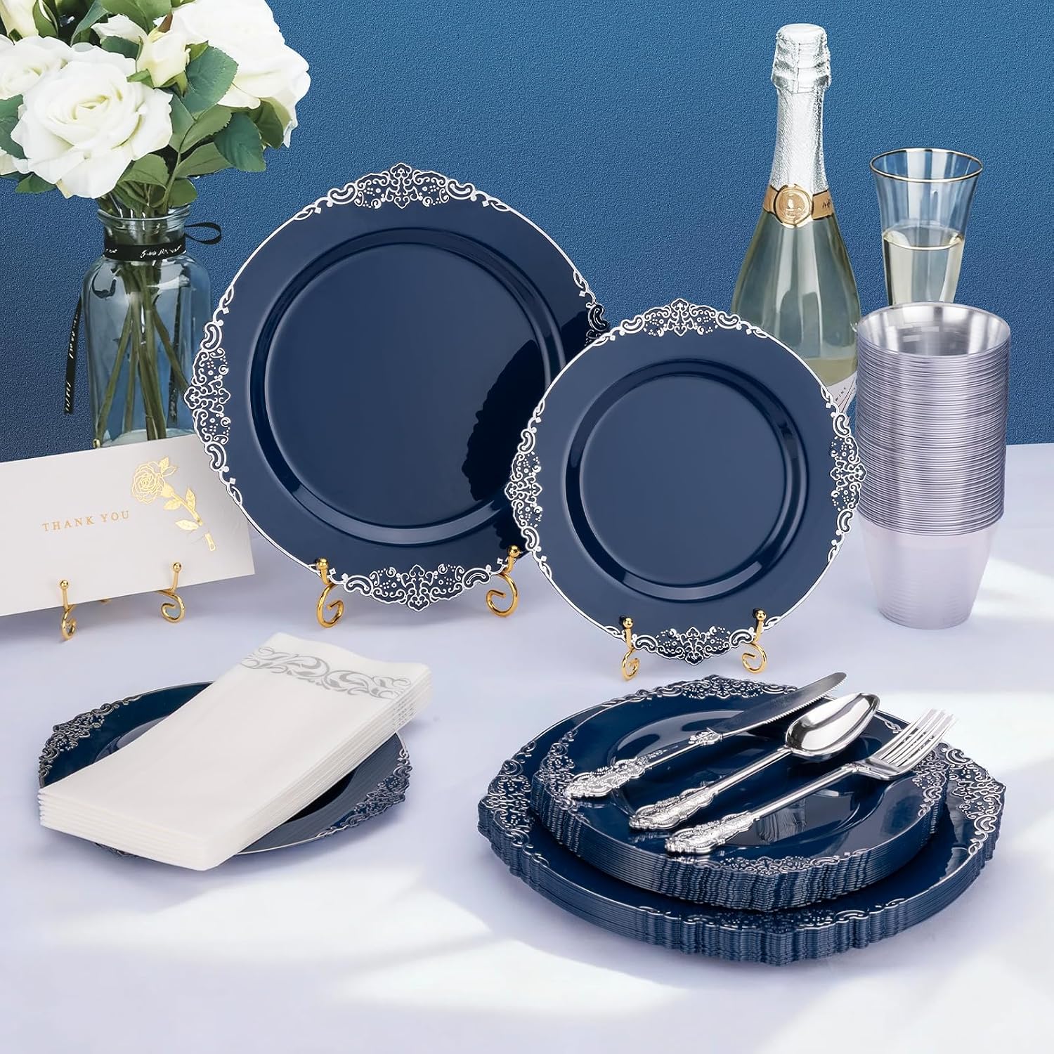 Bestluck 700PCS Navy Blue Plastic Plates for 100 Guests, Disposable Plates with Silver Trim include 100 Dinner plates, 100 Dessert Plates, 100 Gold Silverware, Cups and Napkins for Party, Graduation