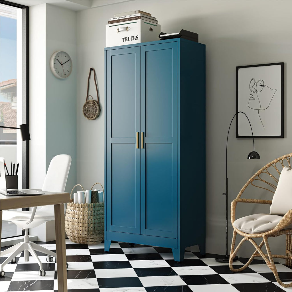Bevivog Metal Kitchen Pantry Cupboard Cabinet, 71' Blue Storage Cabinets with 2 Doors and 4 Adjustable Shelves for Kitchen/Home Office/Dining Room/Living Space