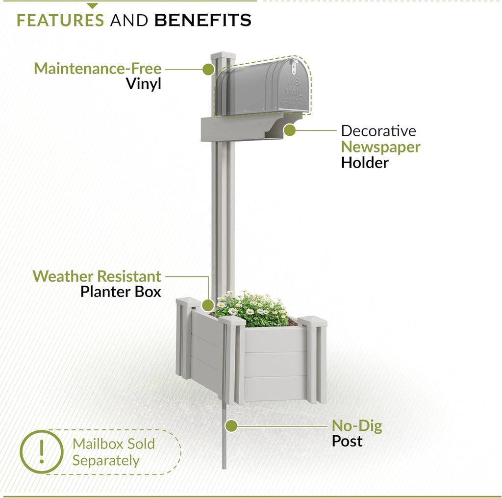 4.5ft H (1 Post w/Planter) No Dig Zippity Majestic Mailbox Post with Planter Box, White Vinyl Support for Outdoor Mail, Decorative Column w/Flower Box, Architectural Mount for Letter Box, ZP19027