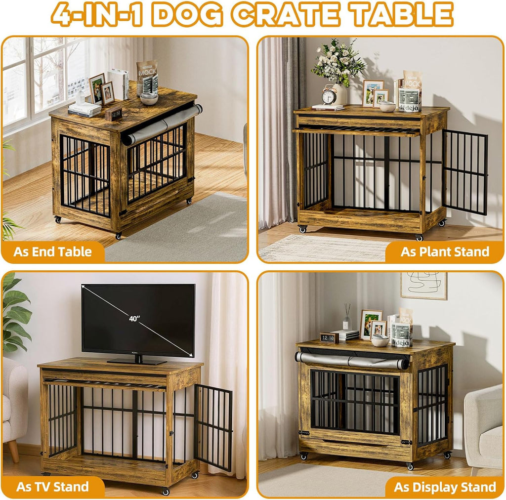 38' Dog Crate Furniture, Double Door Wooden Indoor Dog Kennel Furniture, Decorative Pet Cage End Table with Wheels for Large and Medium Breed Dogs, Size L, Rustic Brown