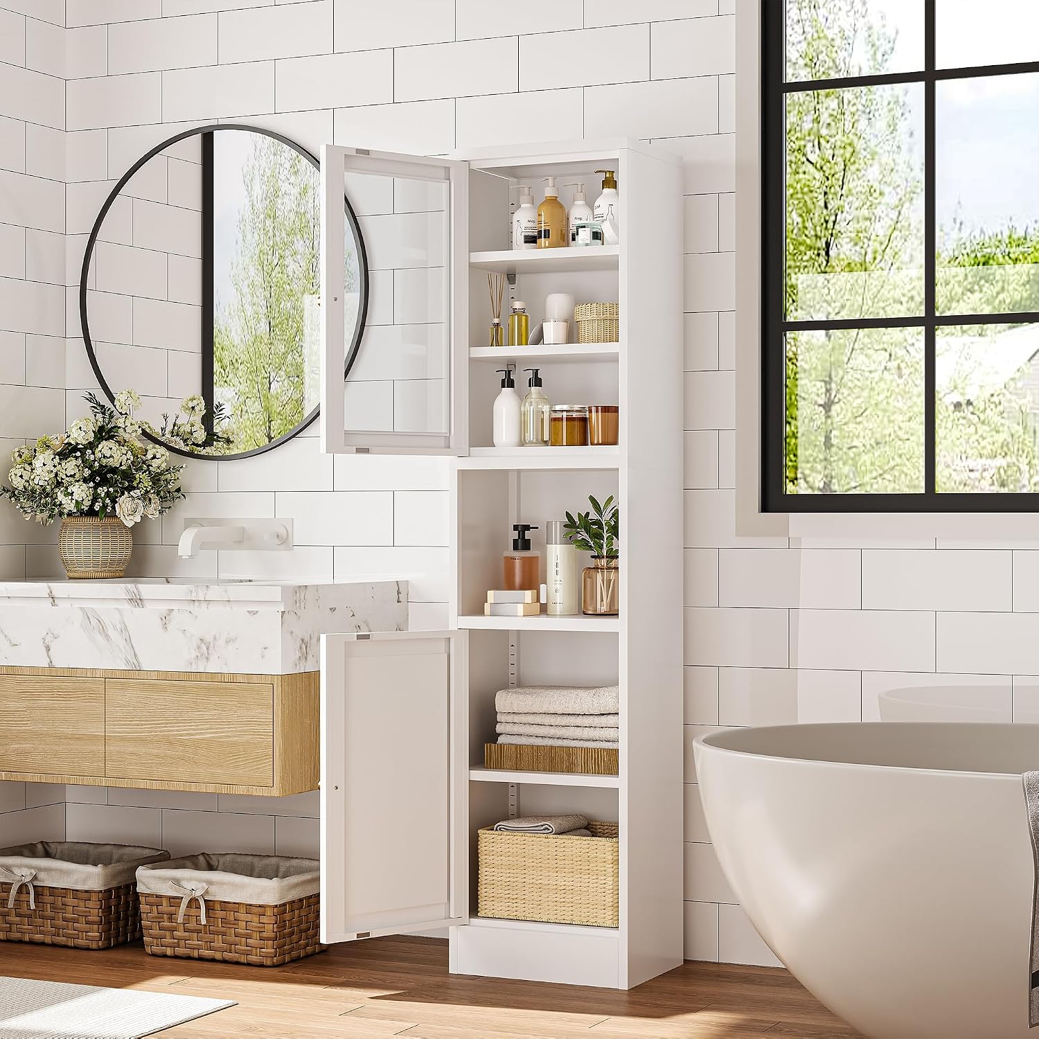 Narrow Glass Door Storage Cabinet Tall Metal Storage Cabinets with 4 Adjustable Shelves Freestanding 5 Tier Slim Pantry Cabinet for Kitchen Office Small Space