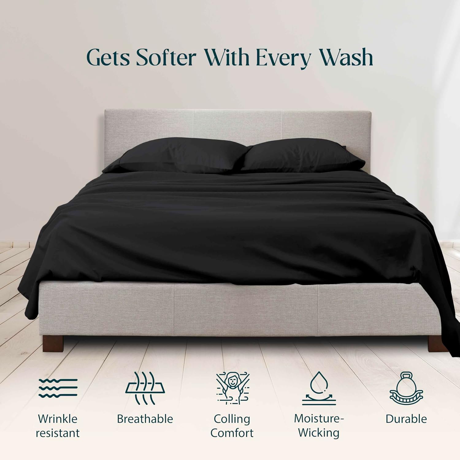 1000 Series- Extra Long Staple 100% Egyptian Cotton Sheet Set,Sateen Weave, Hotel Quality Soft Luxury Bedding, Queen Size 4 Piece Sheet Set Fit 15' Inch to 18' Deep Black Solid.