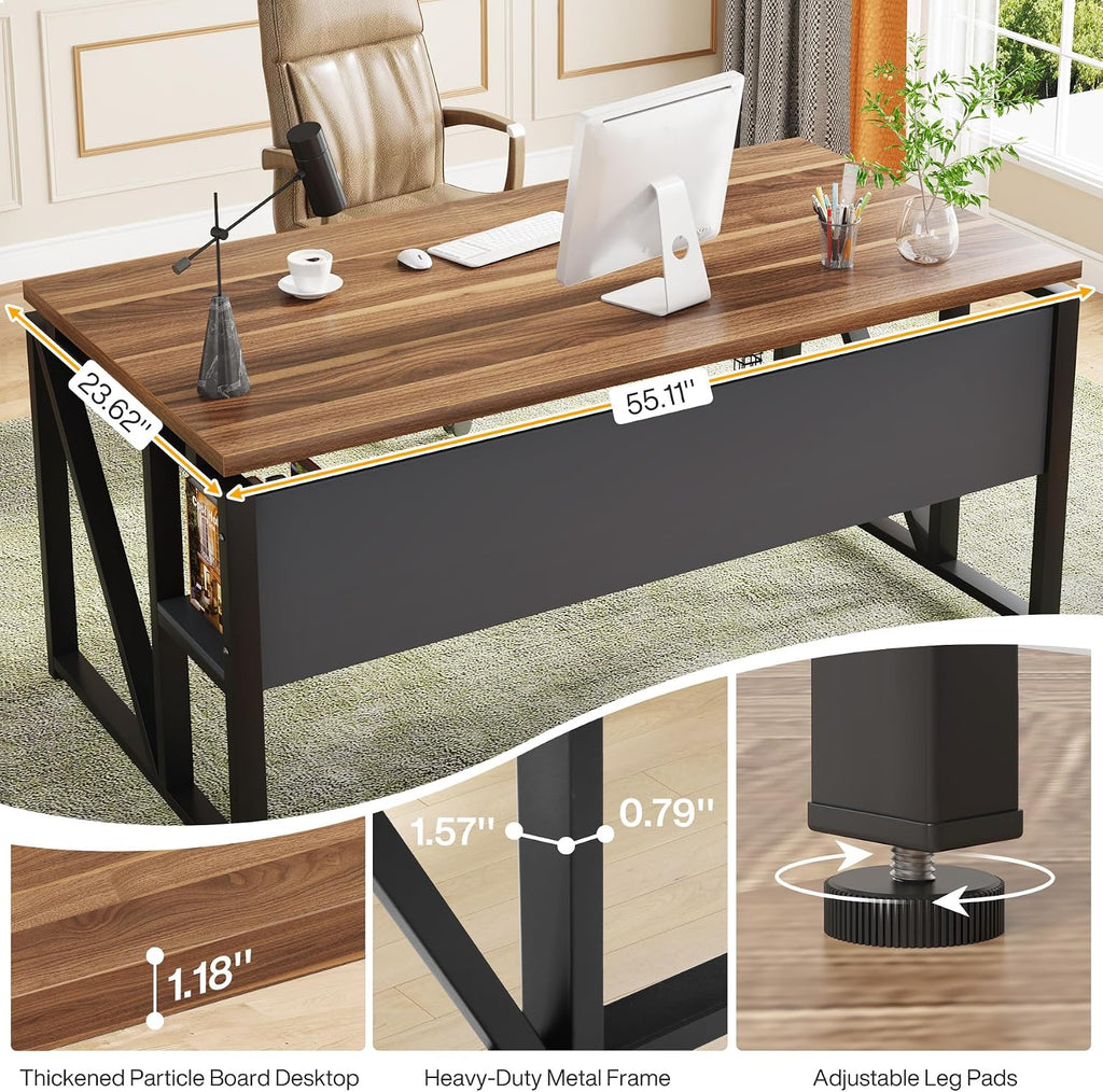 Tribesigns 55 inches Simple Computer Desk,Home Office Desk Writing Table for Workstation,Dark Walnut + Steel Leg， Cabinet not Included (Walnut, 55-inch)