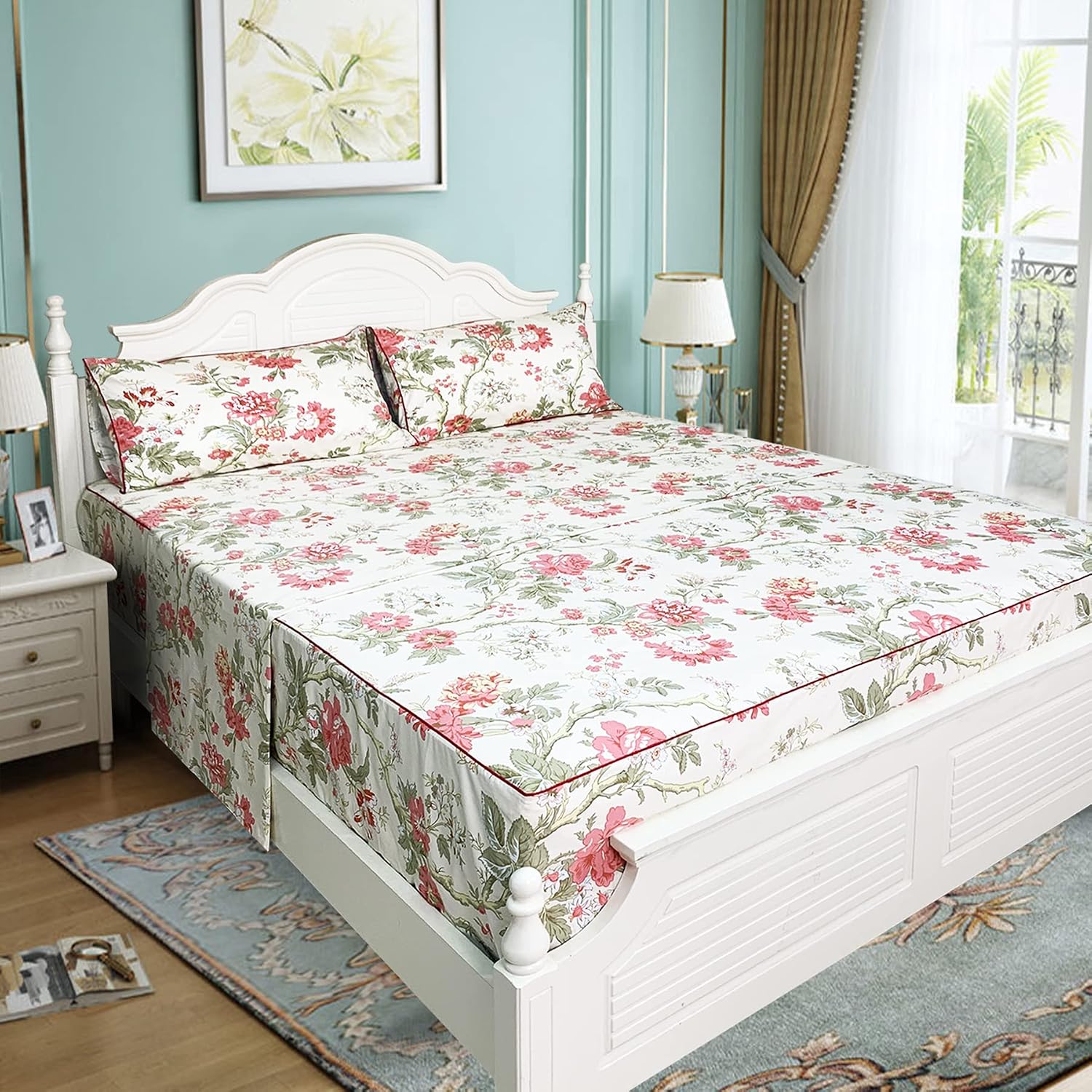 ABREEZE Floral Bedding Elegant Bed Sheets Set Luxury Bedding Collection Set 100% Egyptian Cotton Deep Pocket Fitted Sheet,4 Piece-California King Size