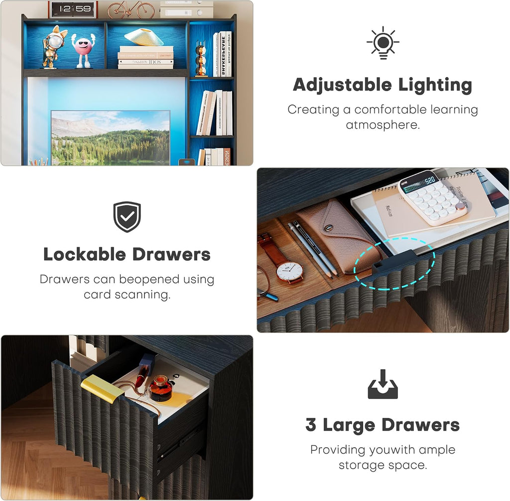 40' W Fluted Study Desk with Hutch and Storage Cabinet, Computer Desk with Power Outlet & LED Lights, Home Office Desk with Card-Based Lock for Study, Bedroom, Living Room, Retro Black