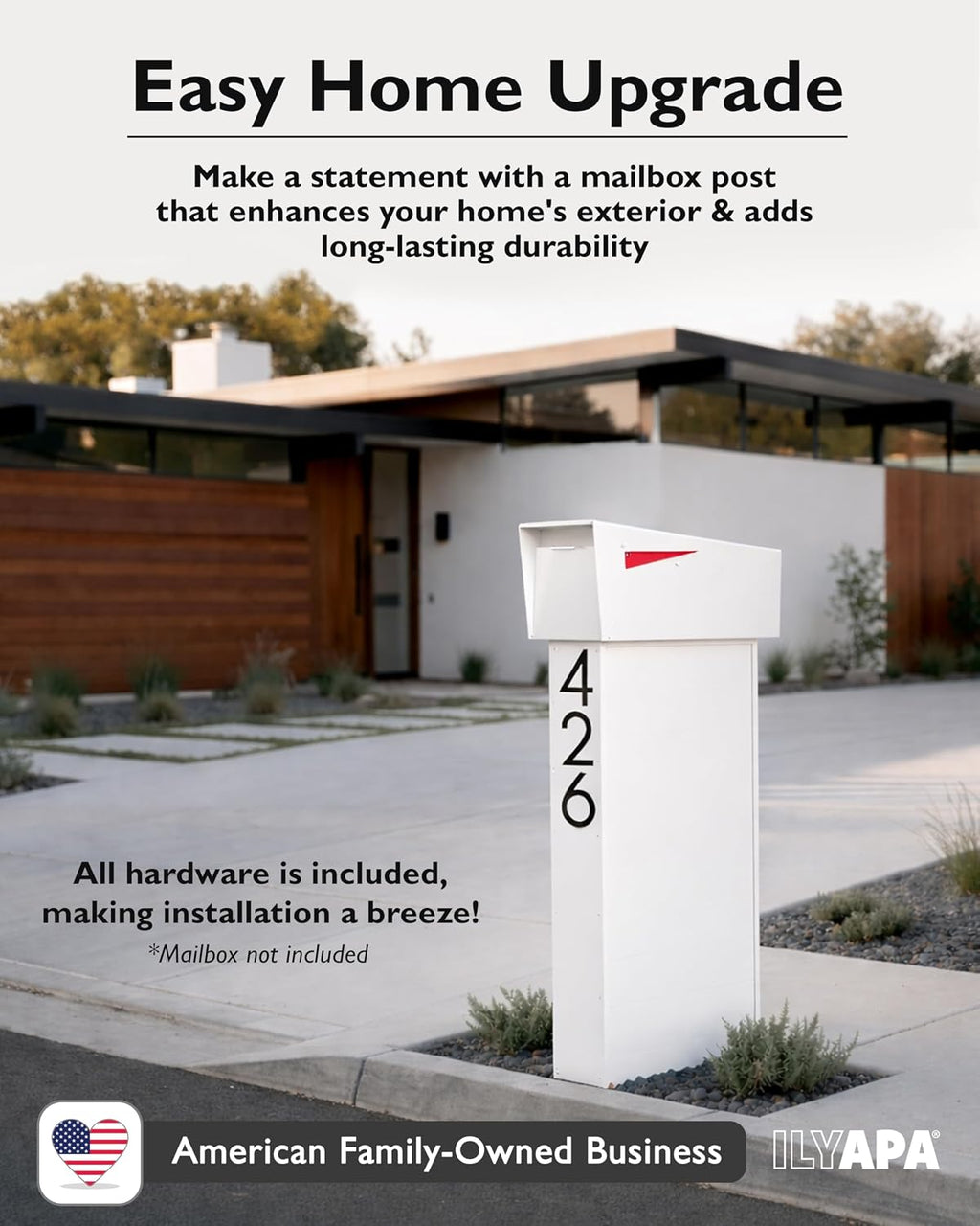 Ilyapa Modern Mailbox Post for Outside, 41x18x5 inch White Metal Mail Box Posts for Decorative Residential Mailboxes, Includes Adjustable Universal Mounting Plate