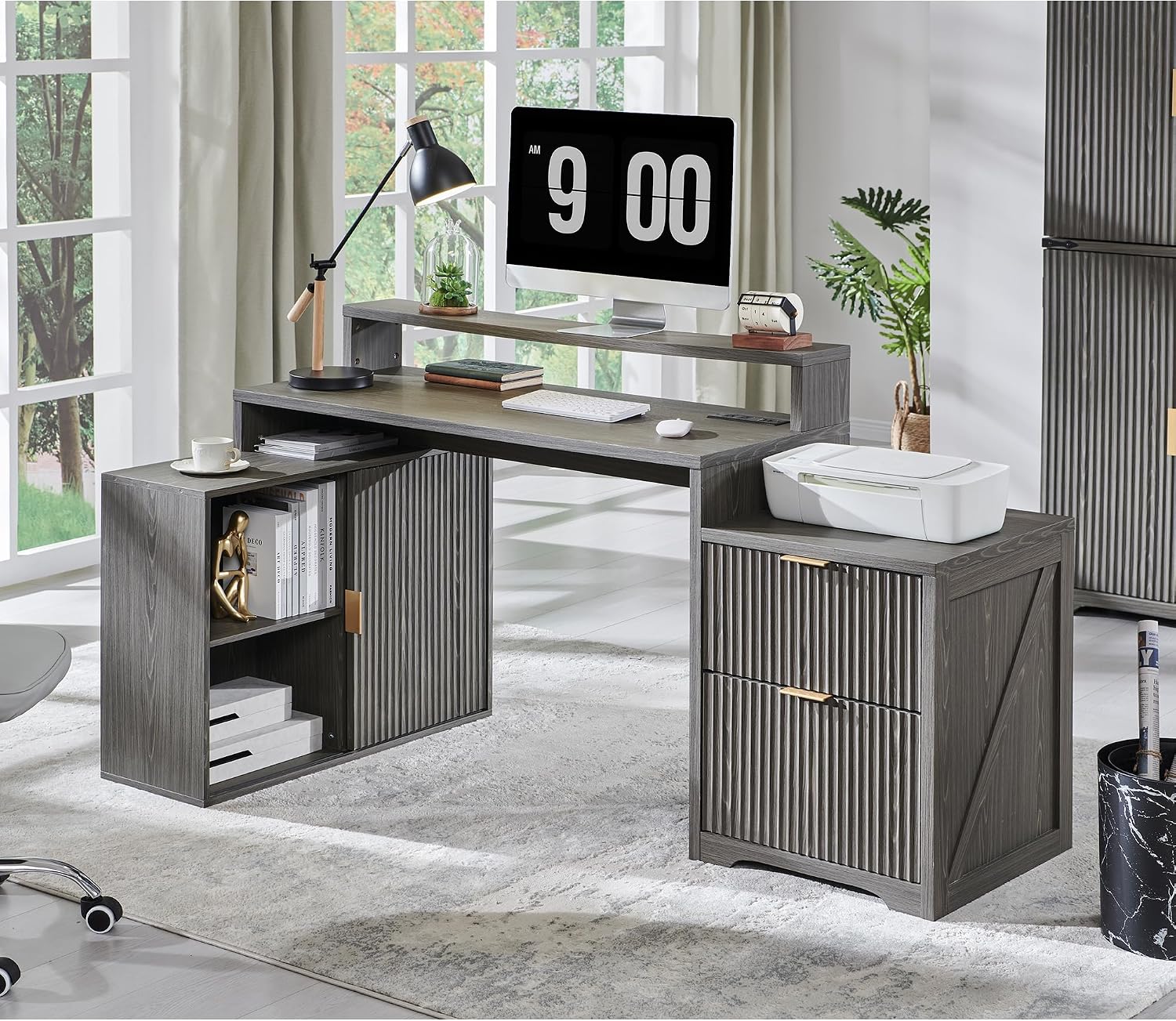 JXQTLINGMU Modern L Shaped Desk with Storage Cabinet & Drawers, Wood Home Office Desk with Power Outlets, Fluted Computer Writing Desk