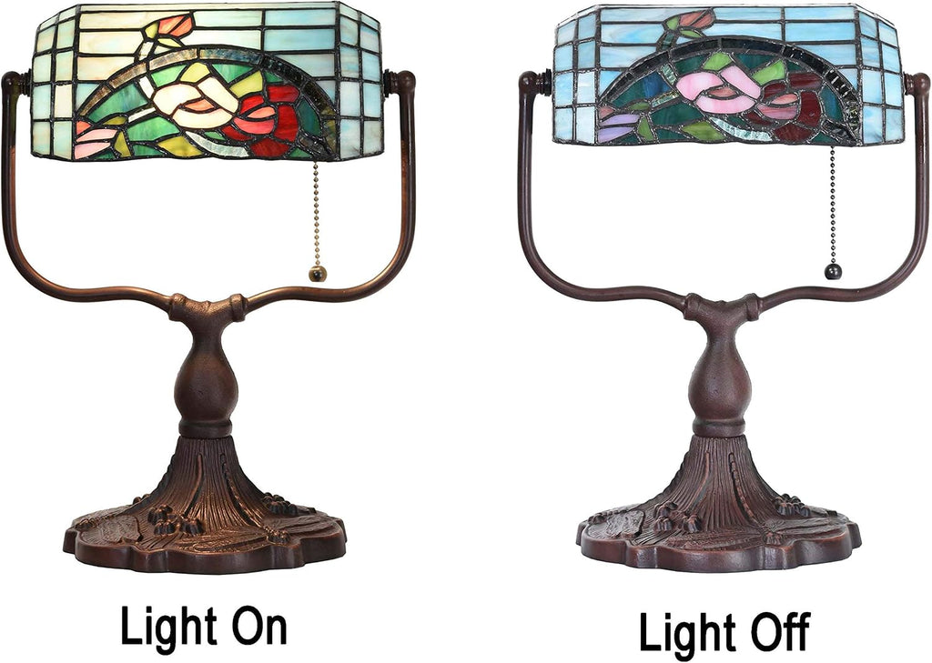 Bieye L10760 Rose Flower Tiffany Style Stained Glass Bankers Desk Lamp Table Lamp for Working Office Living Room Bedside Home Decoration, 9' W x 15' H, Red Green