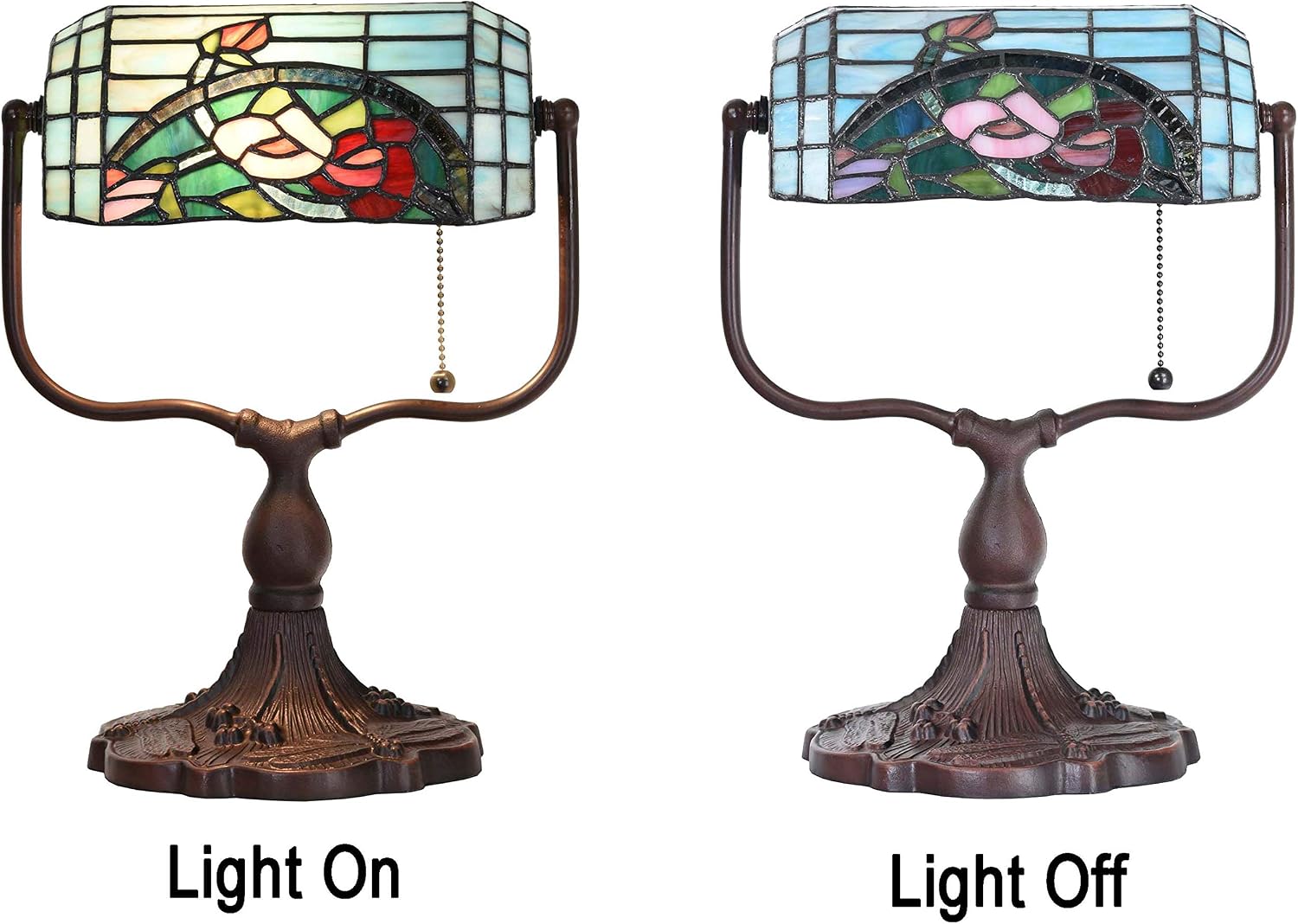 Bieye L10760 Rose Flower Tiffany Style Stained Glass Bankers Desk Lamp Table Lamp for Working Office Living Room Bedside Home Decoration, 9' W x 15' H, Red Green