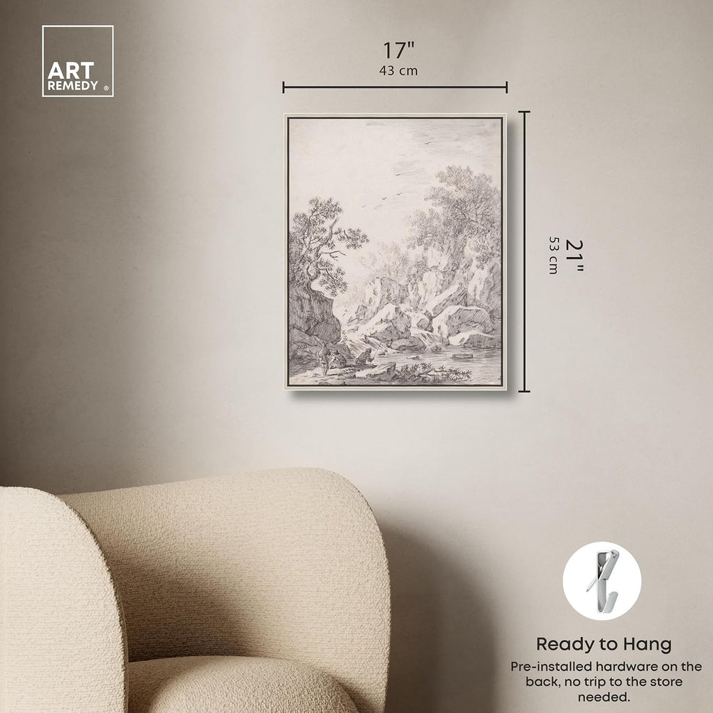 Art Remedy A Waterfall by Rock Cliffs 1750s Canvas Classic Sketches, Silver Frame, 16' x 20'