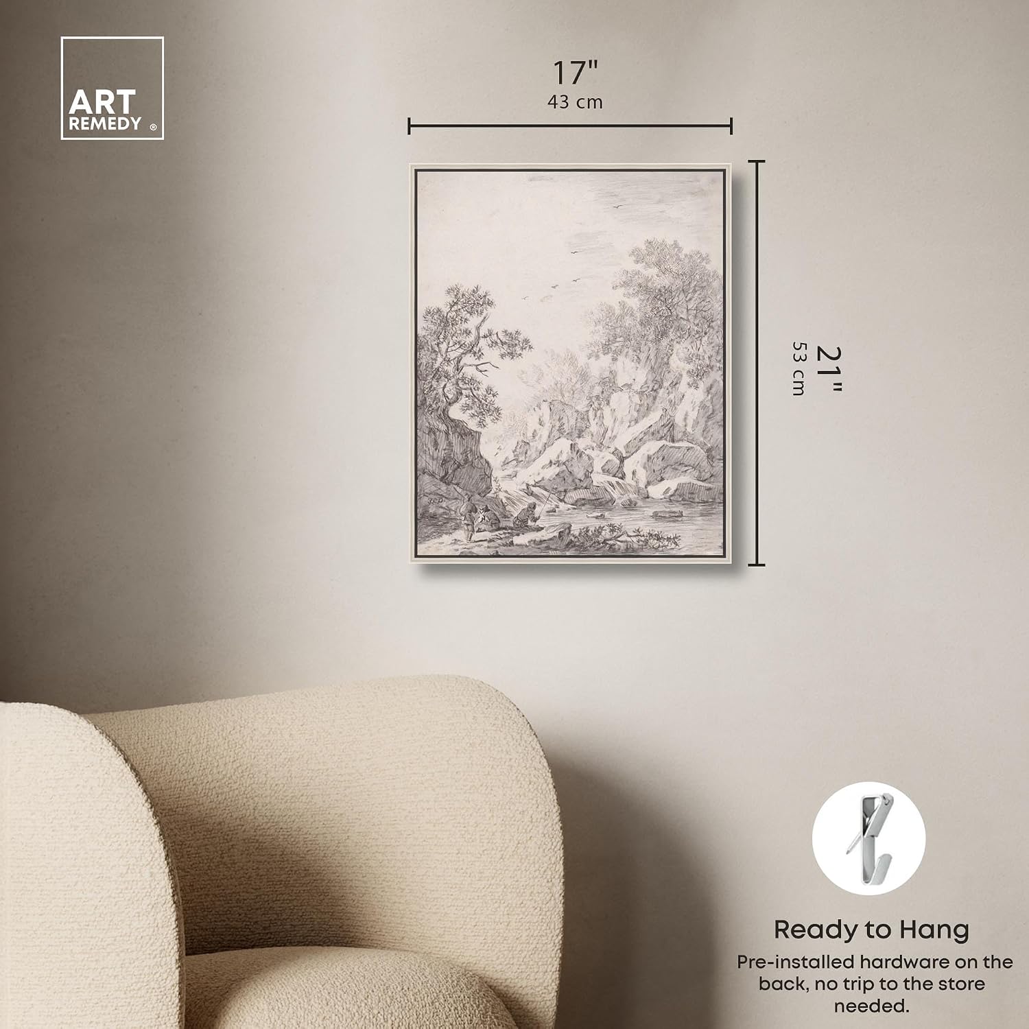 Art Remedy A Waterfall by Rock Cliffs 1750s Canvas Classic Sketches, Silver Frame, 16' x 20'