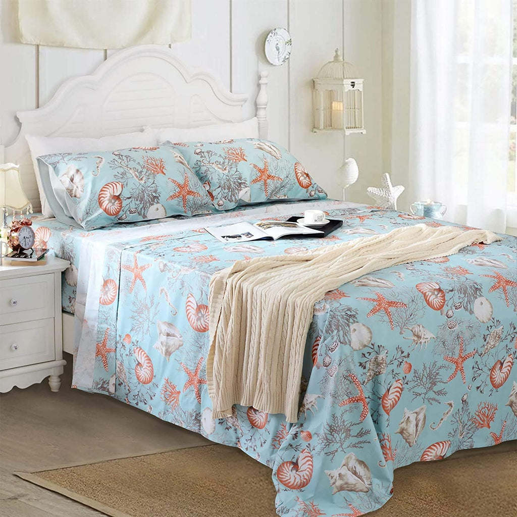 Brandream Luxury Nautical Bedding Queen Size Sheets Set Egyptian Cotton Coastal Beach Bed Sheet Set Deep Pockets 18 Inch 4-Piece Bed Sheets