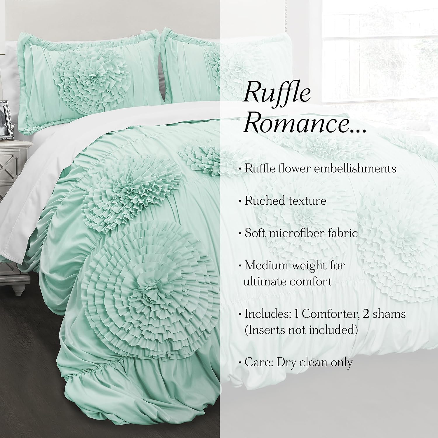 Lush Decor Serena Comforter Set, 3 Piece Set, Full/ Queen, Aqua - Cute Comforter - Queen Bedding Set - Blue Comforter Queen Size - Coquette Decor