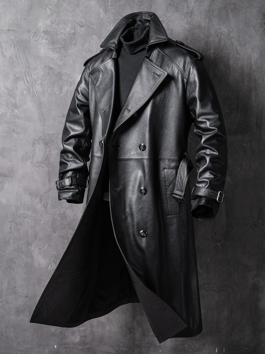 Men's Casual Long Leather Trench Coat, Slim Fit Double Breasted Notched Lapel Belt Black Full Length Jacket Overcoat