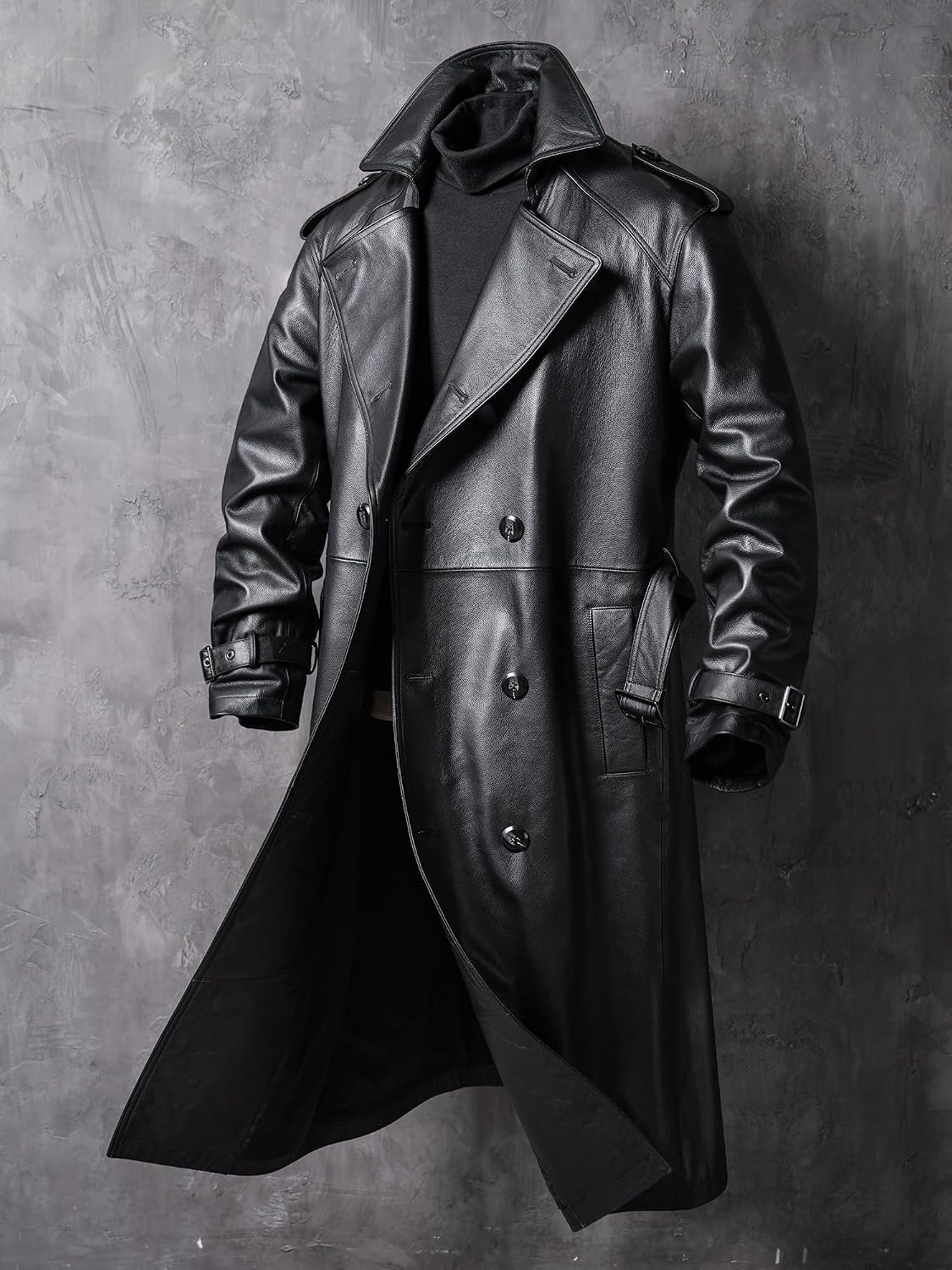 Men's Casual Long Leather Trench Coat, Slim Fit Double Breasted Notched Lapel Belt Black Full Length Jacket Overcoat