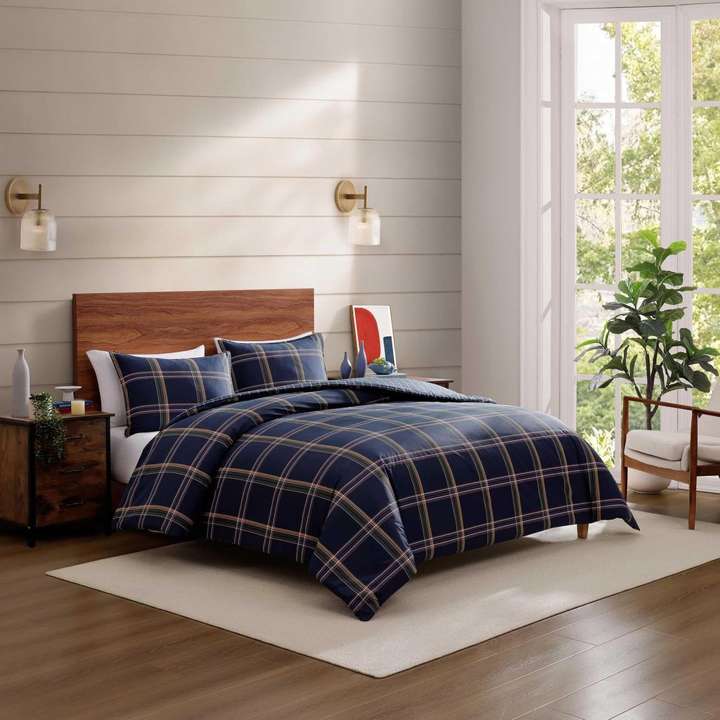 Tommy Hilfiger - Queen Duvet Covet Set, 100% Soft & Breathable Cotton Bedding, Lightweight for Year Round Comfort, 3 Piece Bed Set with Matching Button Closure Pillowcases (Beacon Plaid Blue)